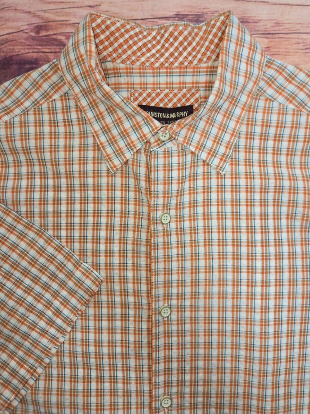 Johnston & Murphy Mens Orange Plaid Short Sleeve Shirt Medium